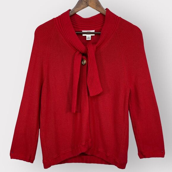 Talbots 1-Button Cardigan Sweater Women M Red‎ Long Sleeve Tie-Neck Knit Cotton - Picture 1 of 14